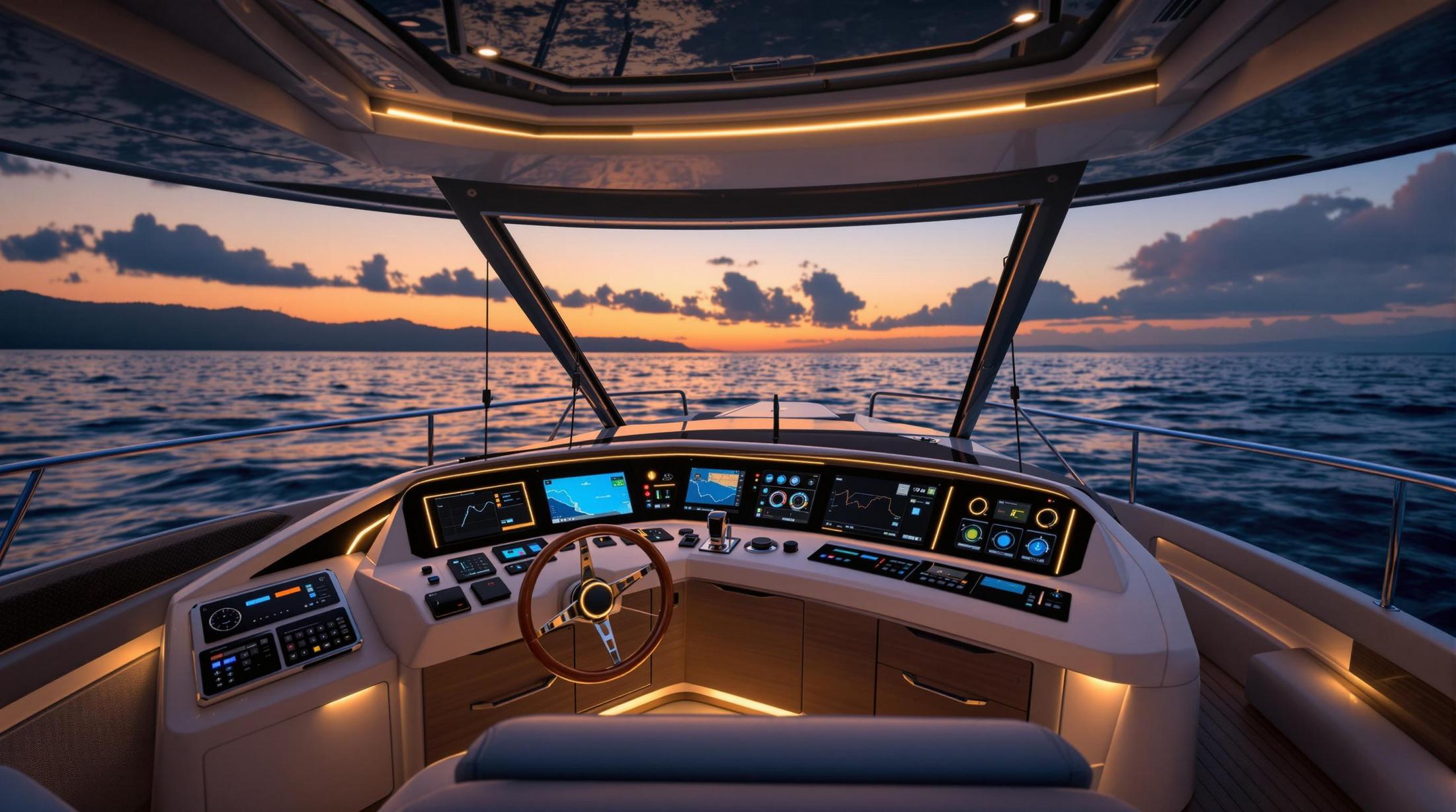 A modern yacht control panel, fully restored after an extensive Boat Electrical System Repair, ensuring seamless navigation and system functionality.