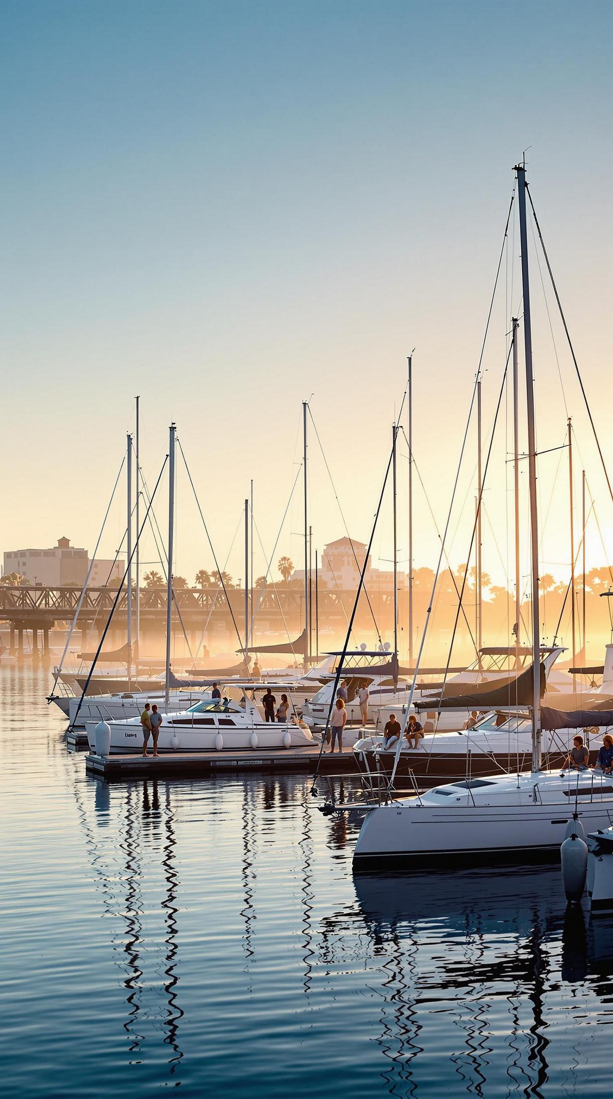 A tranquil evening with sailboats reflecting on calm waters, showcasing premium boat services at Loews Coronado Bay Marina.