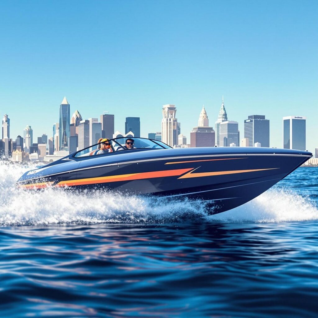 A sleek speedboat racing across the water, creating a dynamic splash, with a stunning city skyline in the background under a clear blue sky.