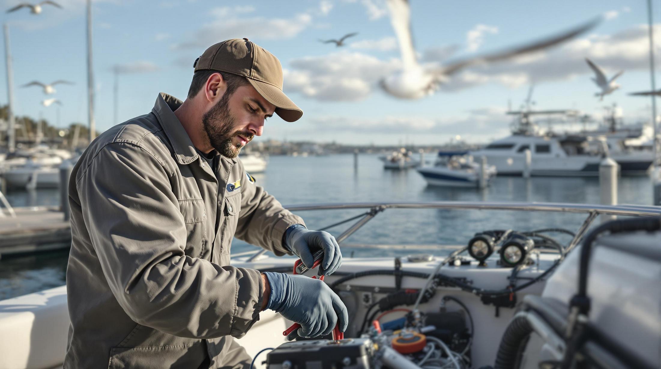 Crew members performing detailing and maintenance on a luxury yacht, part of Boat Services Glorietta Bay Marina.