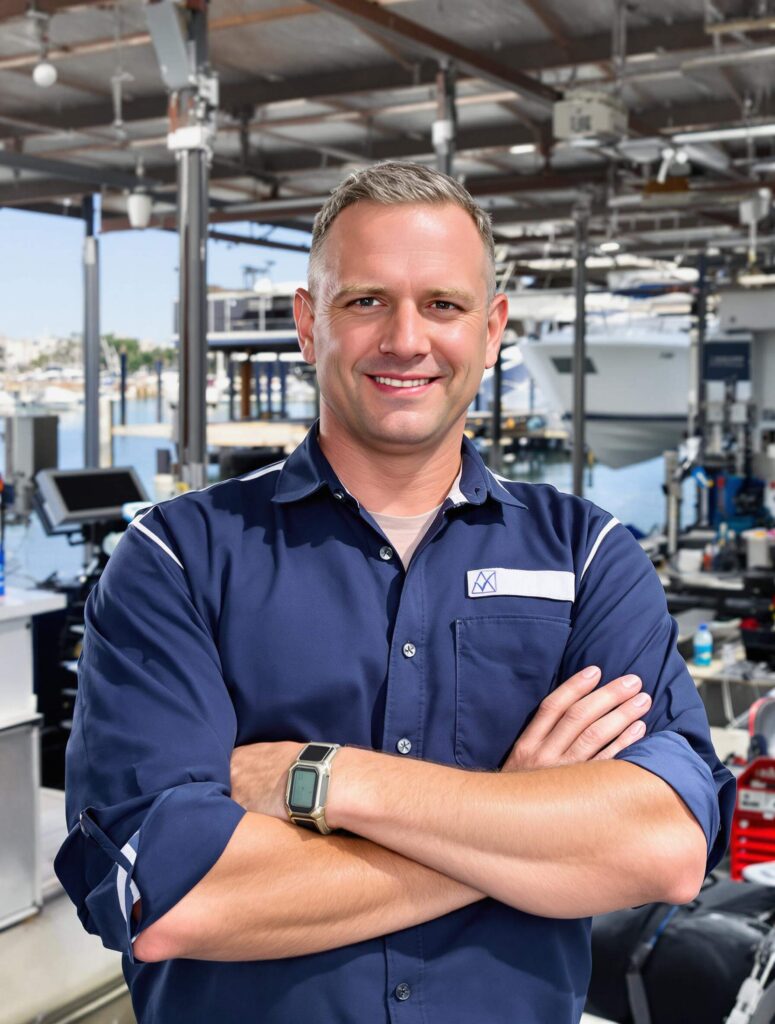 A confident marina service technician in a navy blue uniform stands with arms crossed, smiling at the camera. The background features a boat repair dock with yachts, equipment, and a covered workspace, indicating a professional maritime service environment.