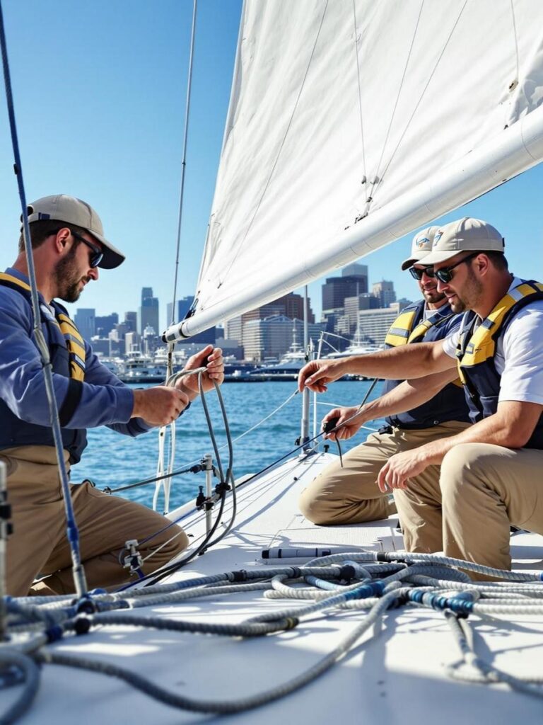 A yacht maintenance professional working on deck at Embarcadero Marina, bathed in golden sunset hues.