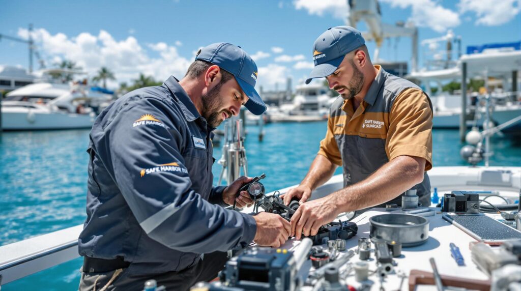 Safe Harbor Sunroad Marina technicians performing boat maintenance and repair work on deck.
