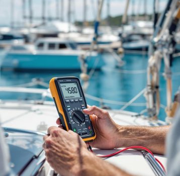 A boat docked at a marina with a technician performing boat battery testing and replacement using specialized tools.