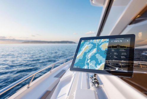 A digital marine navigation screen displaying a detailed sea map with system controls.