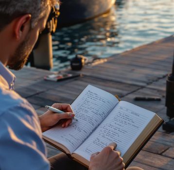 A man writing notes on a dock, planning yacht management services with yachts in the background. A man writing notes on a dock, planning yacht management services with yachts in the background.