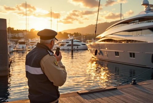 A marina security officer monitoring yacht operations at sunset using a radio