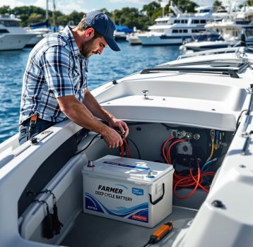A marine professional wearing a life vest and gloves performs safety inspections during boat battery testing and replacement.