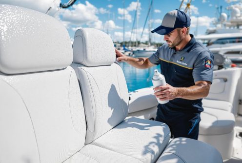 A marine technician sprays protective coating on yacht seats as part of Boat Canvas and Upholstery Maintenance to preserve fabric quality. A marine technician sprays protective coating on yacht seats as part of Boat Canvas and Upholstery Maintenance to preserve fabric quality.
