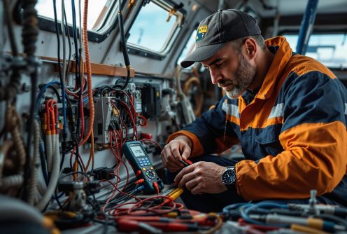 A marine technician working on intricate wiring inside a vessel, demonstrating the precision required in Boat Electrical System Repair to keep all systems operational.