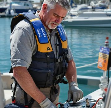 A person holds a digital multimeter to check battery voltage during a boat battery testing and replacement session.