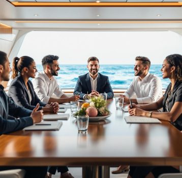 A professional business meeting on a yacht, discussing operations and crew management.