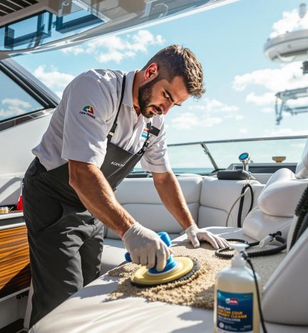 A professional carefully polishes and restores yacht upholstery, ensuring top-tier Boat Canvas and Upholstery Maintenance for longevity and style. A professional carefully polishes and restores yacht upholstery, ensuring top-tier Boat Canvas and Upholstery Maintenance for longevity and style.