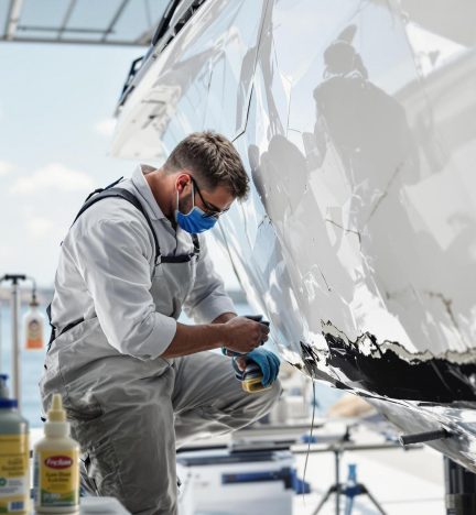 A technician carefully sanding a boat's hull, ensuring a smooth surface for Fiberglass Boat Repair.