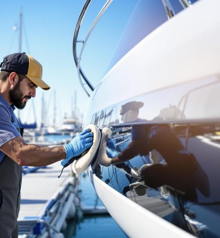 A technician is carefully restoring the yacht's hull shine using professional polishing equipment.
