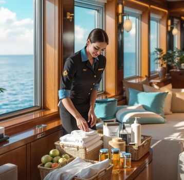 A yacht stewardess arranging fresh towels and toiletries as part of yacht management services inside a luxury yacht. A yacht stewardess arranging fresh towels and toiletries as part of yacht management services inside a luxury yacht.