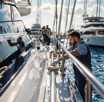 Crew members polishing and maintaining a yacht exterior as part of yacht management services. Crew members polishing and maintaining a yacht exterior as part of yacht management services.