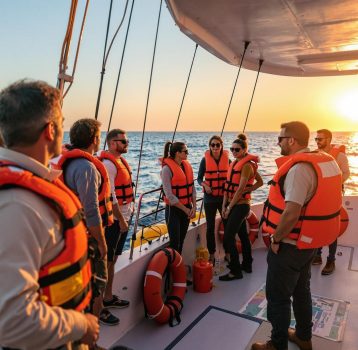 Crew preparing for a sunset cruise under charter boat management services.