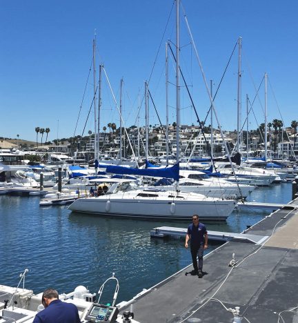 Scenic view of Point Loma Marina, featuring docked sailboats and a calm waterfront setting.