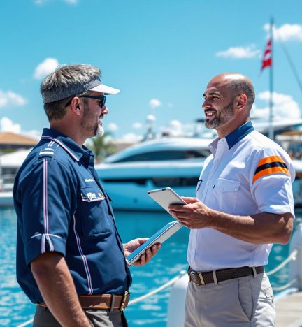 Two yacht crew members discussing yacht management services on a dock with a yacht in the background. Two yacht crew members discussing yacht management services on a dock with a yacht in the background.