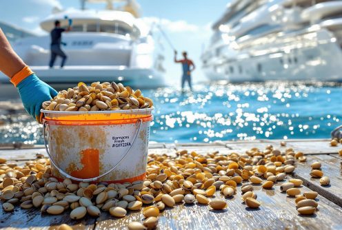 A diver cleans the hull of a yacht in a marina, ensuring longevity and performance. Barnacle Removal and Hull Cleaning protects marine vessels.