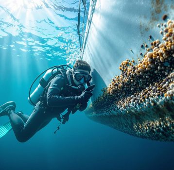 A diver inspects a boat's hull underwater, preparing for barnacle removal. Barnacle Removal and Hull Cleaning keeps boats in top shape.