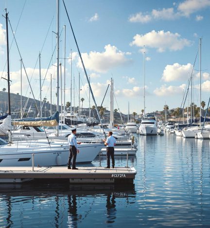 Dock managers coordinating boat movements at Point Loma Marina with sailboats lined up.