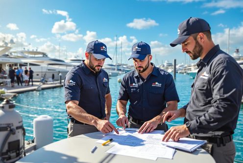 Marine service team discussing maintenance plans at Sun Harbor Marina.